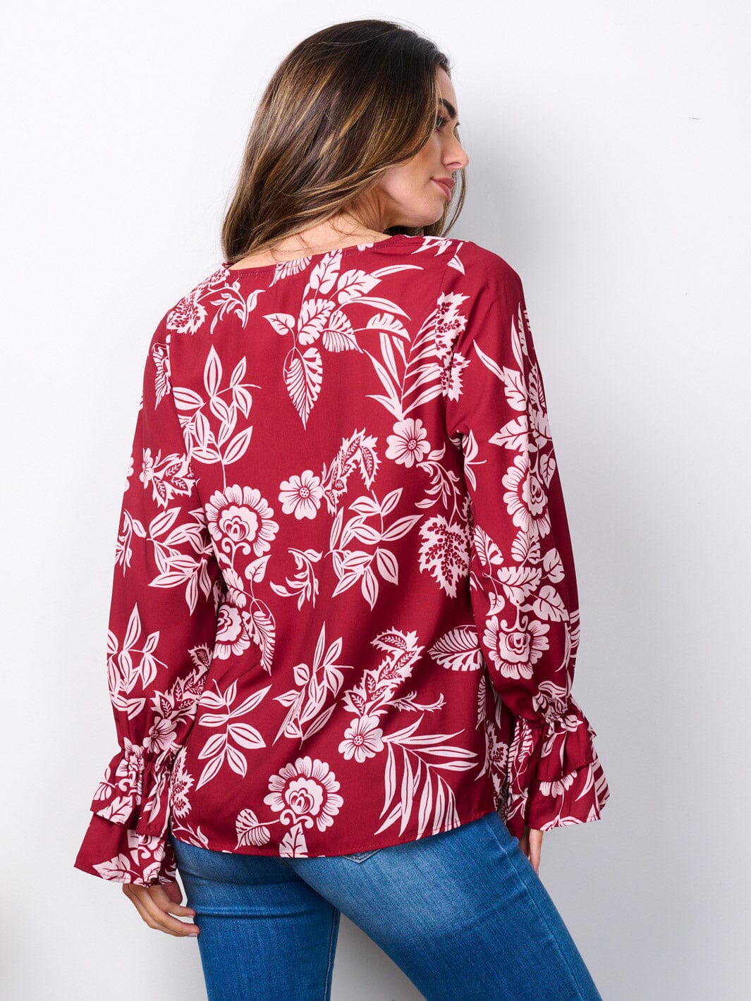 WOMEN'S LONG RUFFLE SLEEVES V-NECK FLORAL BLOUSE TOP