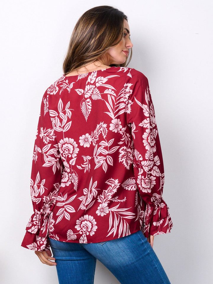 WOMEN'S LONG RUFFLE SLEEVES V-NECK FLORAL BLOUSE TOP
