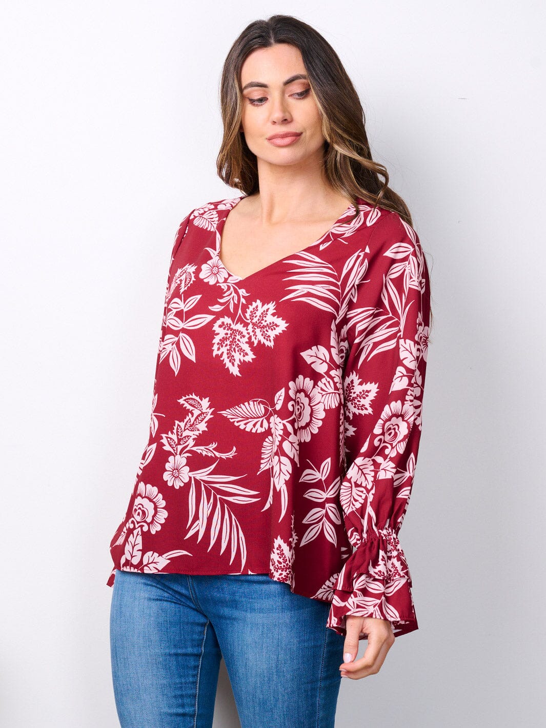 WOMEN'S LONG RUFFLE SLEEVES V-NECK FLORAL BLOUSE TOP