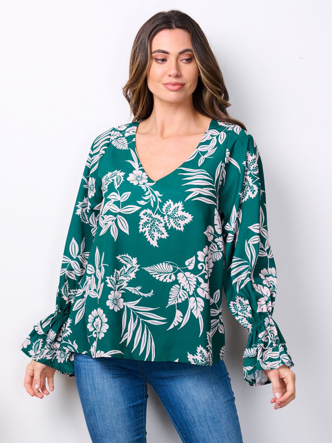 WOMEN'S LONG RUFFLE SLEEVES V-NECK FLORAL BLOUSE TOP
