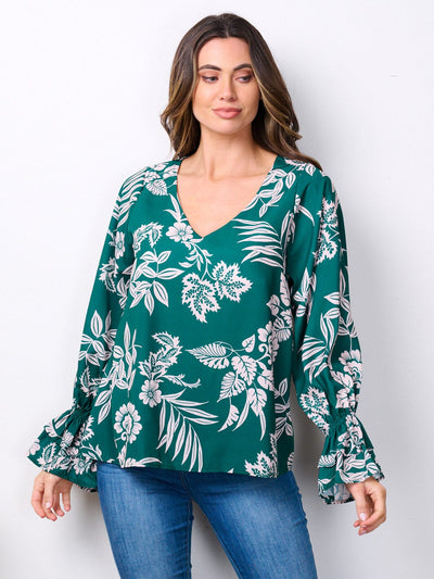 WOMEN'S LONG RUFFLE SLEEVES V-NECK FLORAL BLOUSE TOP