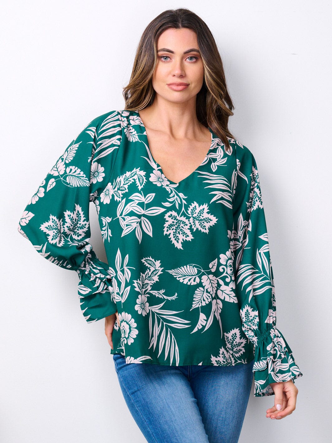 WOMEN'S LONG RUFFLE SLEEVES V-NECK FLORAL BLOUSE TOP