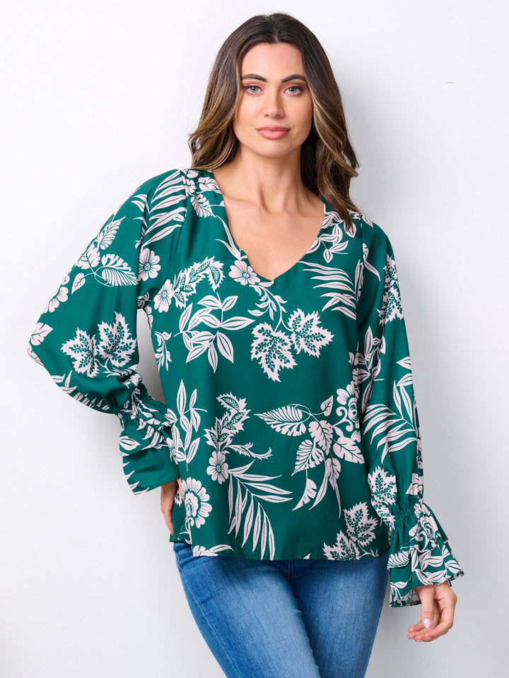 WOMEN'S LONG RUFFLE SLEEVES V-NECK FLORAL BLOUSE TOP