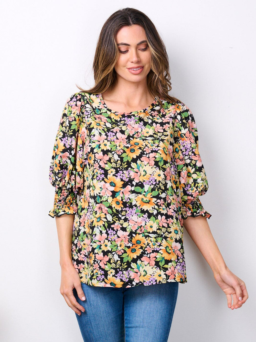 WOMEN'S SHORT SMOCK SLEEVE FLORAL TUNIC TOP