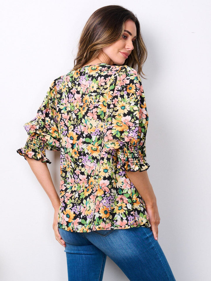 WOMEN'S SHORT SMOCK SLEEVE FLORAL TUNIC TOP