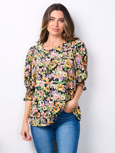 WOMEN'S SHORT SMOCK SLEEVE FLORAL TUNIC TOP