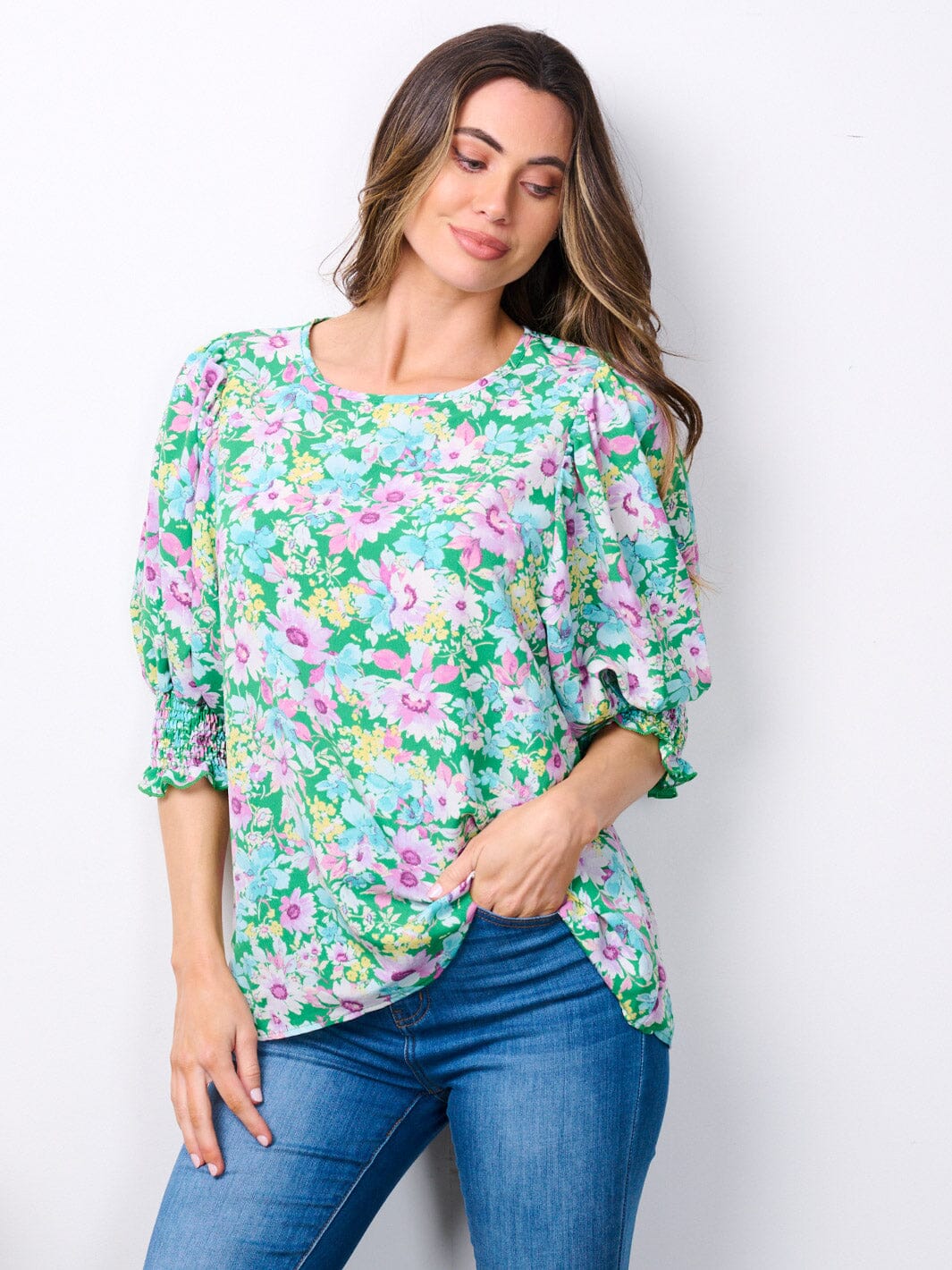 WOMEN'S SHORT SMOCK SLEEVE FLORAL TUNIC TOP
