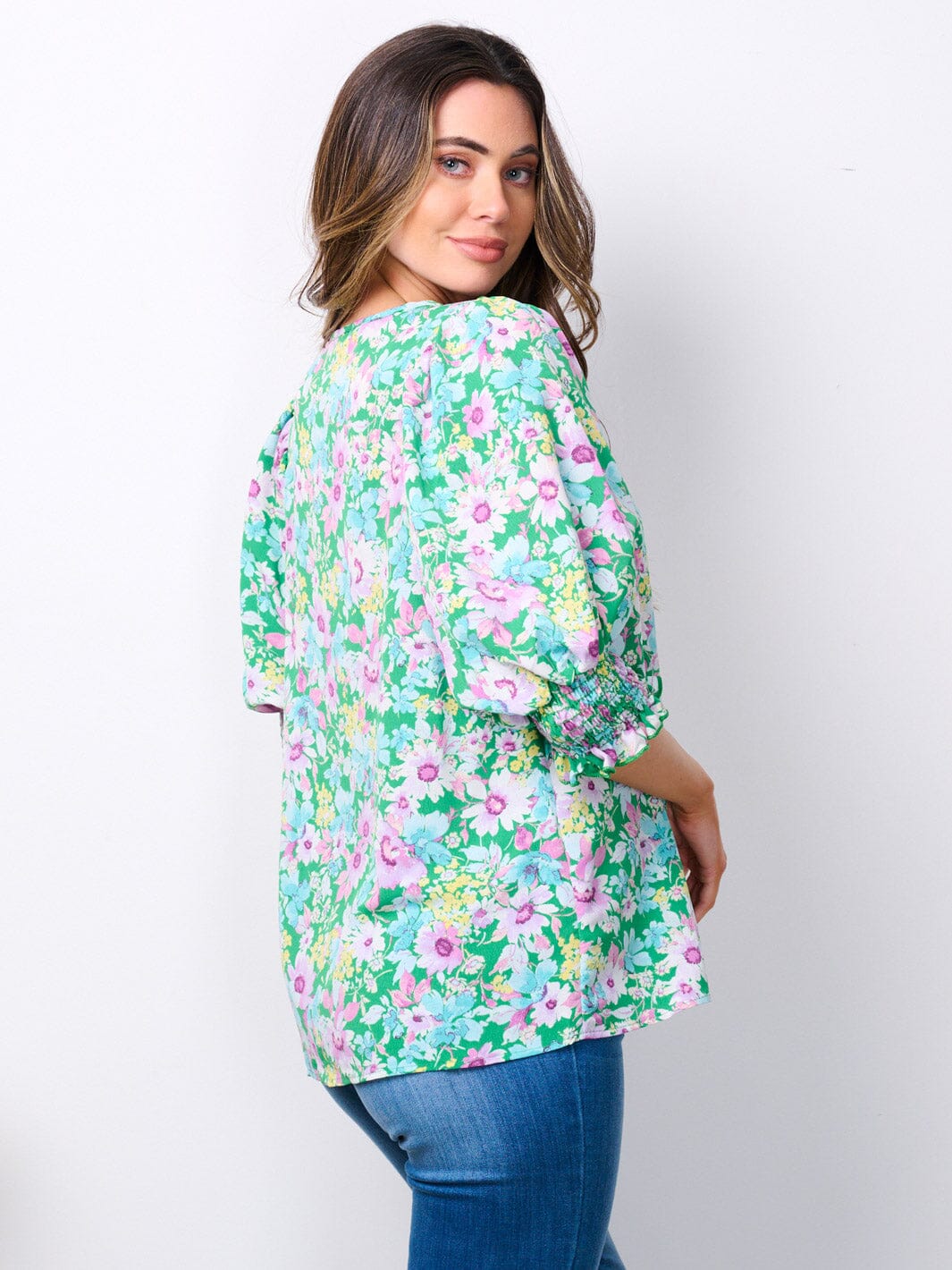 WOMEN'S SHORT SMOCK SLEEVE FLORAL TUNIC TOP