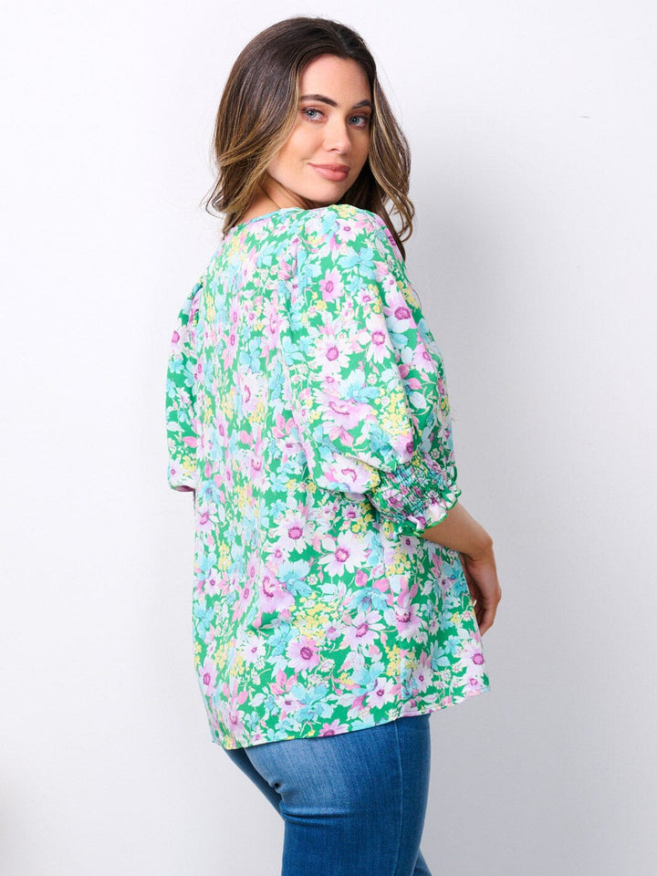 WOMEN'S SHORT SMOCK SLEEVE FLORAL TUNIC TOP