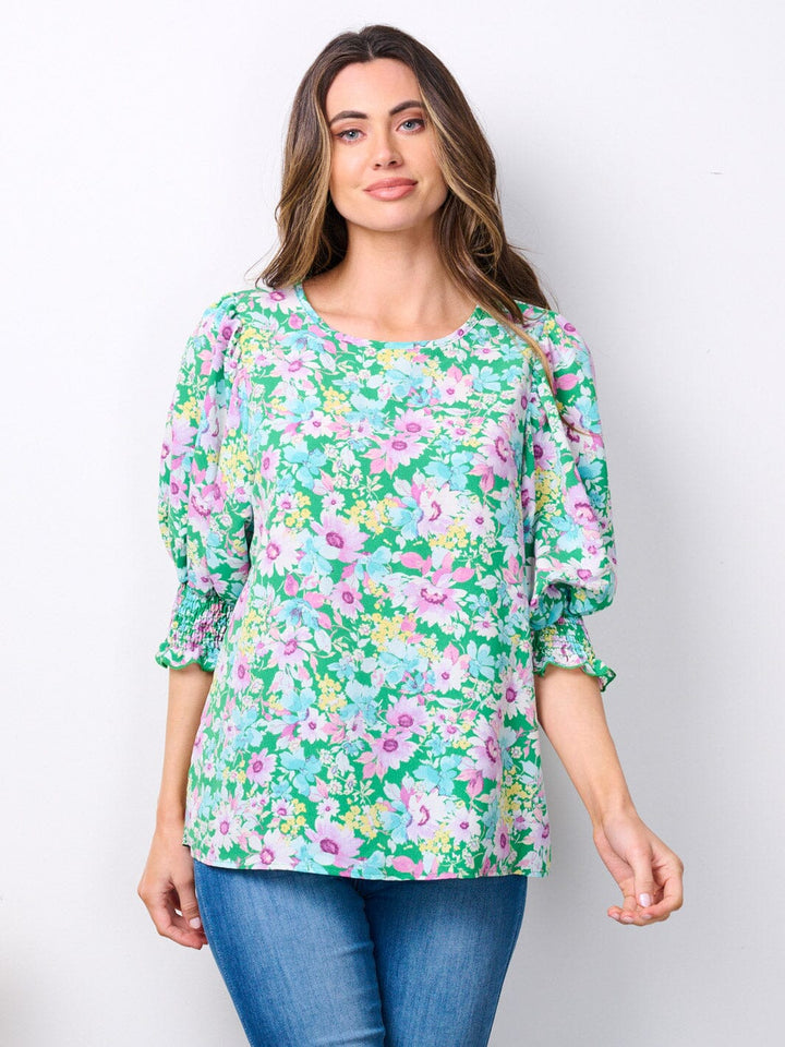 WOMEN'S SHORT SMOCK SLEEVE FLORAL TUNIC TOP