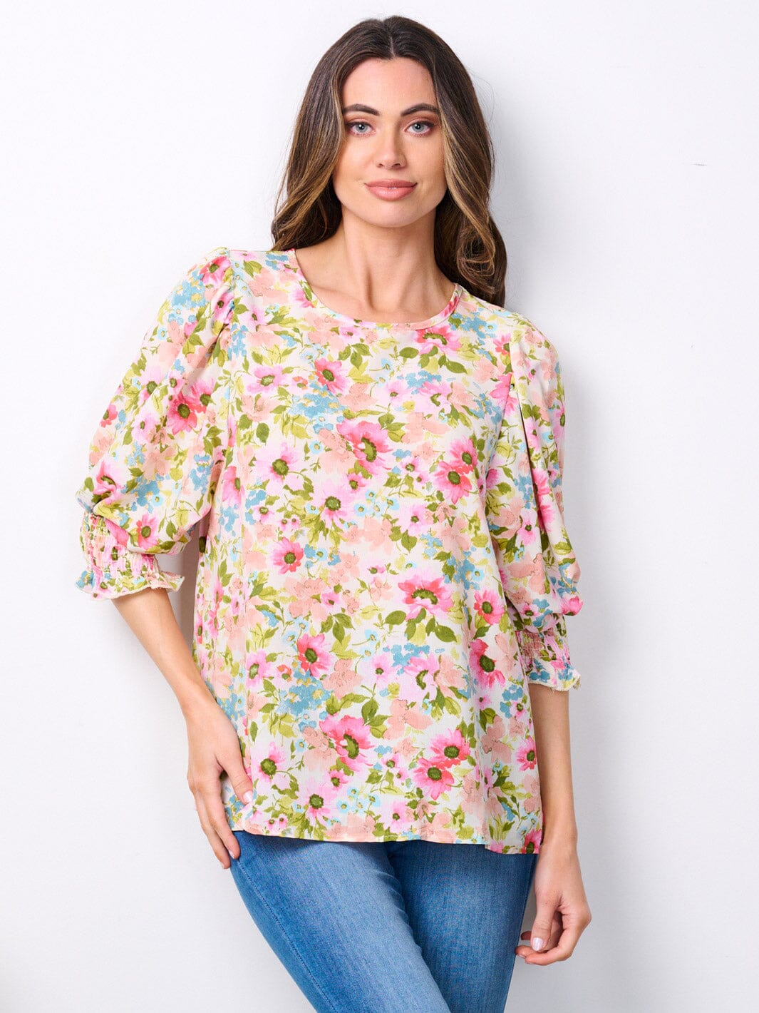 WOMEN'S SHORT SMOCK SLEEVE FLORAL TUNIC TOP