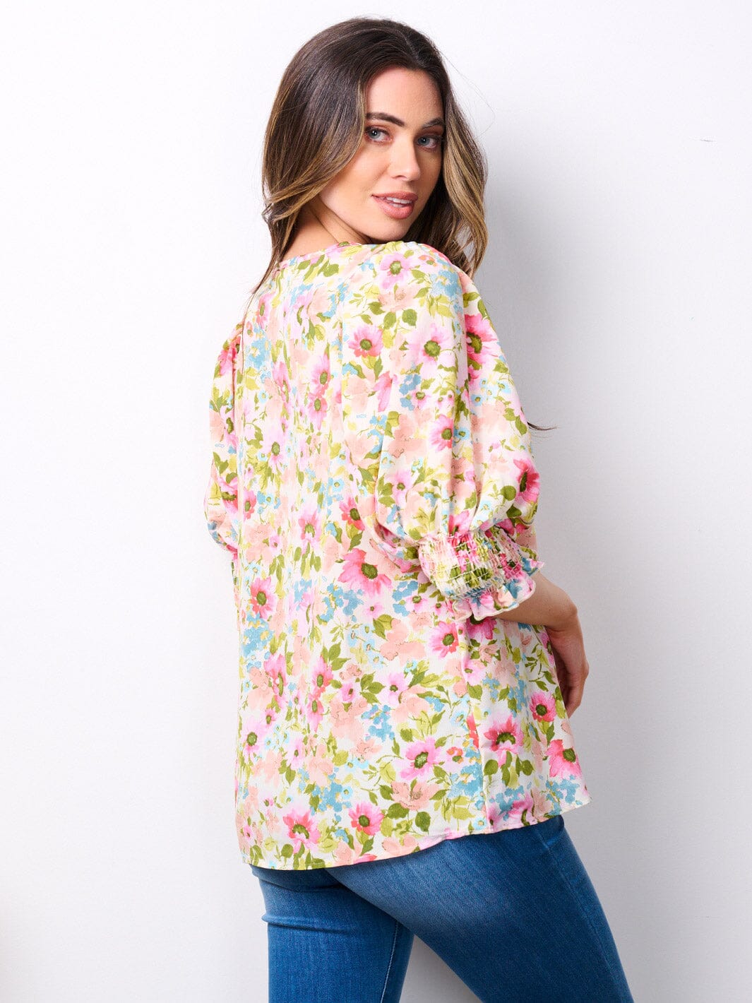 WOMEN'S SHORT SMOCK SLEEVE FLORAL TUNIC TOP