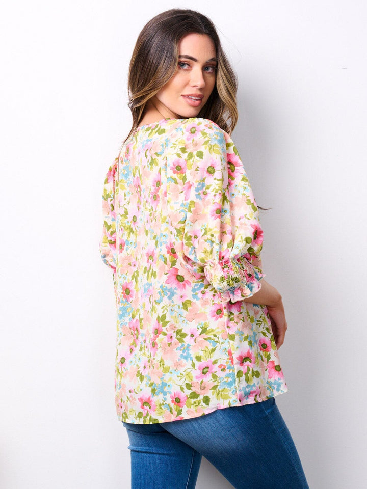 WOMEN'S SHORT SMOCK SLEEVE FLORAL TUNIC TOP
