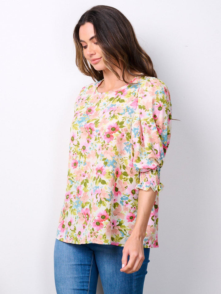 WOMEN'S SHORT SMOCK SLEEVE FLORAL TUNIC TOP