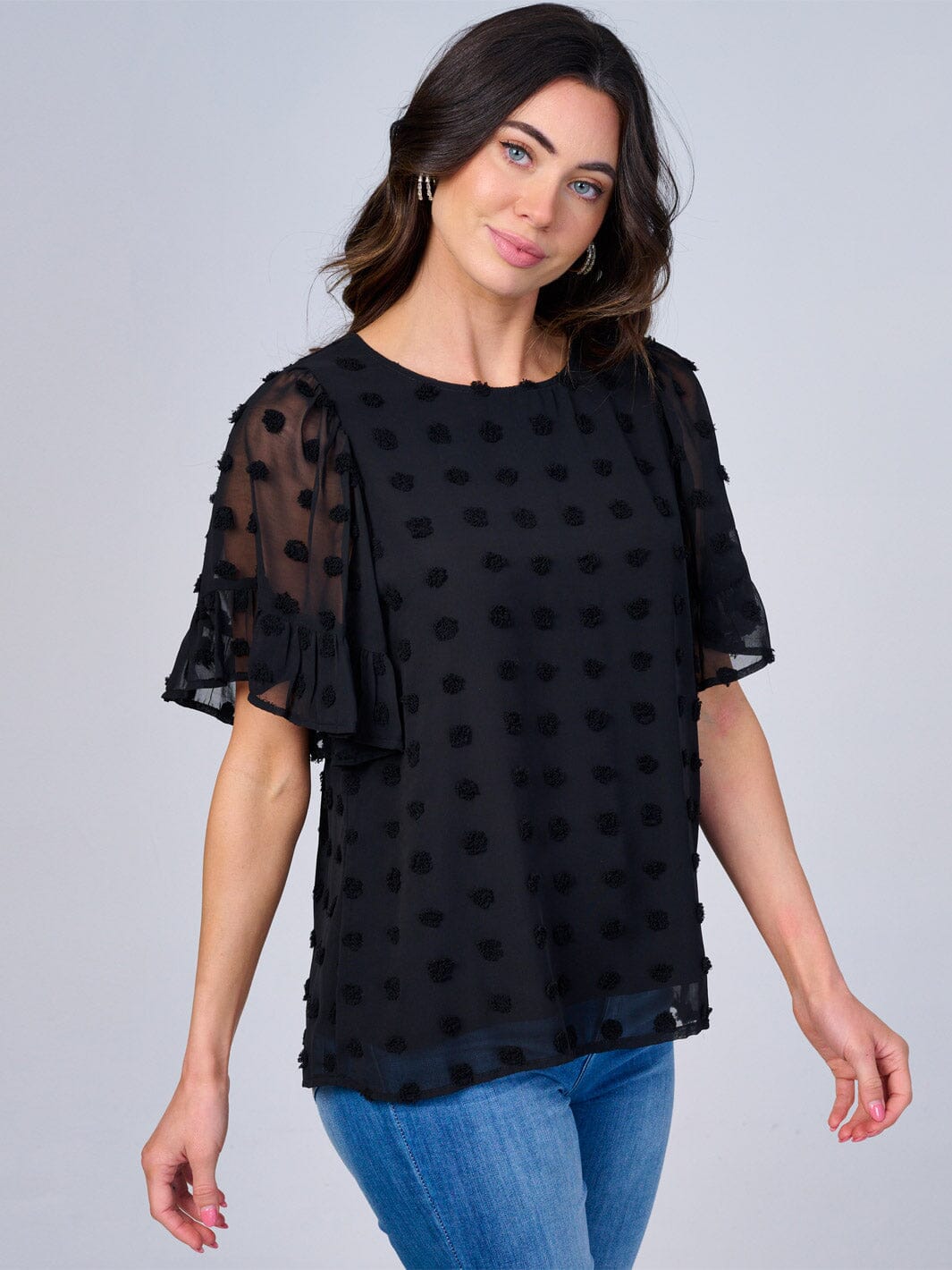 WOMEN'S SHORT RUFFLE SLEEVES SWISS DETAILED BLOUSE