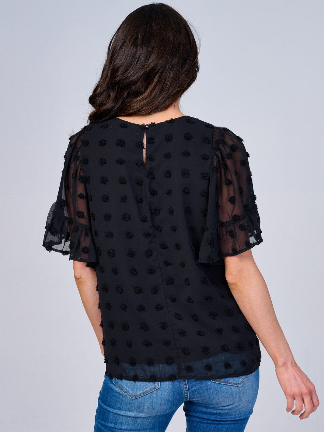 WOMEN'S SHORT RUFFLE SLEEVES SWISS DETAILED BLOUSE