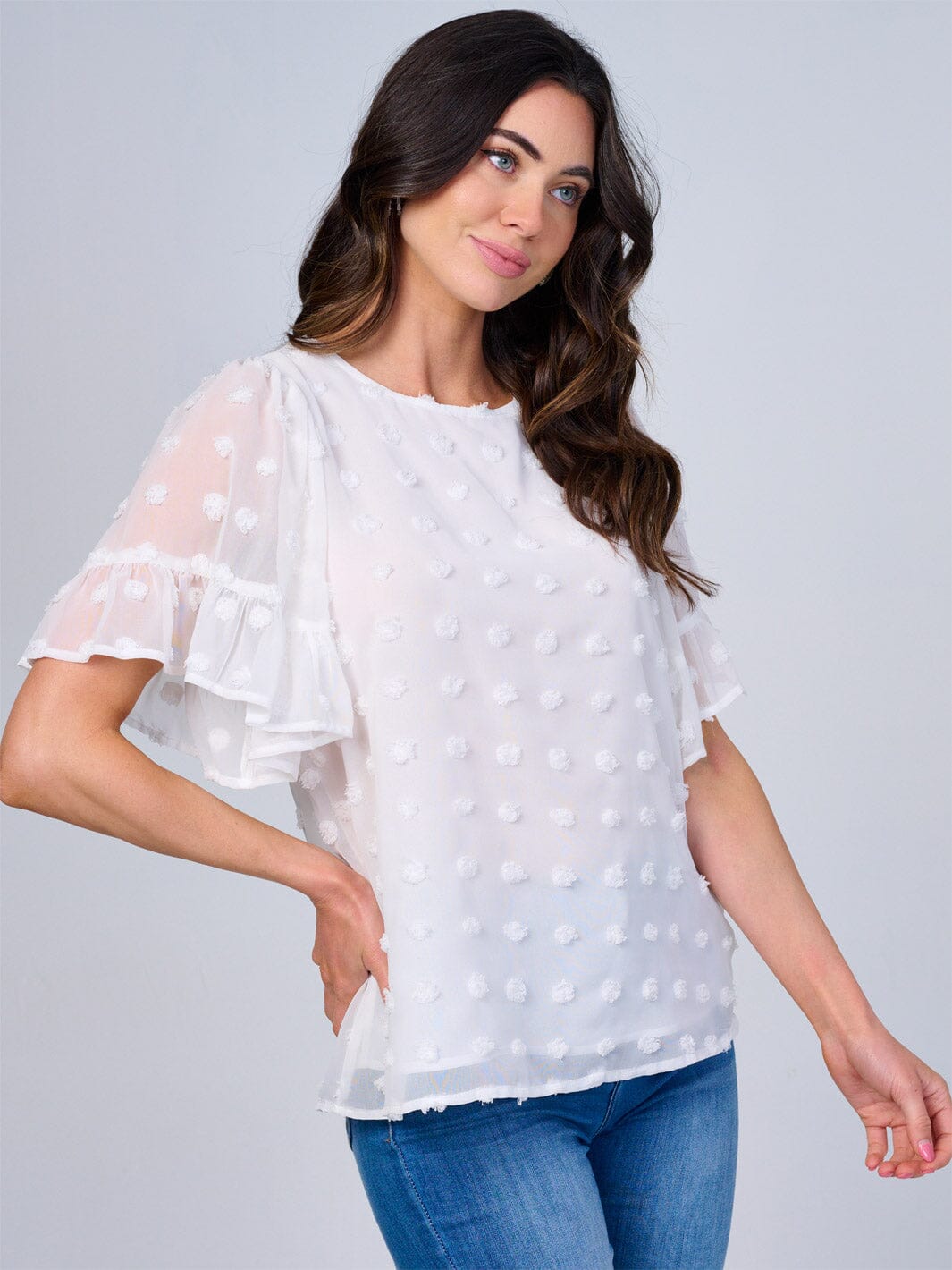 WOMEN'S SHORT RUFFLE SLEEVES SWISS DETAILED BLOUSE