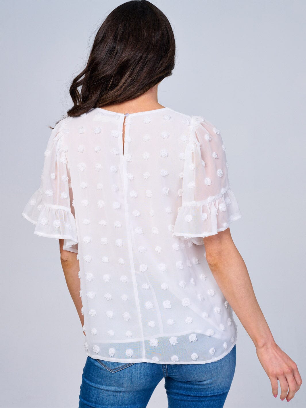 WOMEN'S SHORT RUFFLE SLEEVES SWISS DETAILED BLOUSE