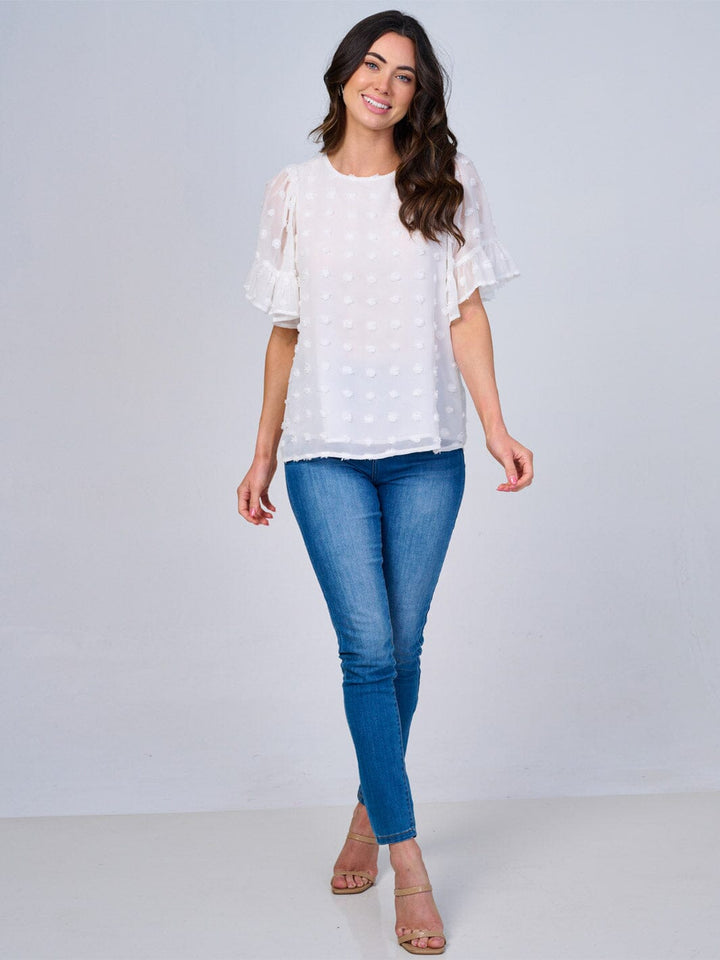 WOMEN'S SHORT RUFFLE SLEEVES SWISS DETAILED BLOUSE
