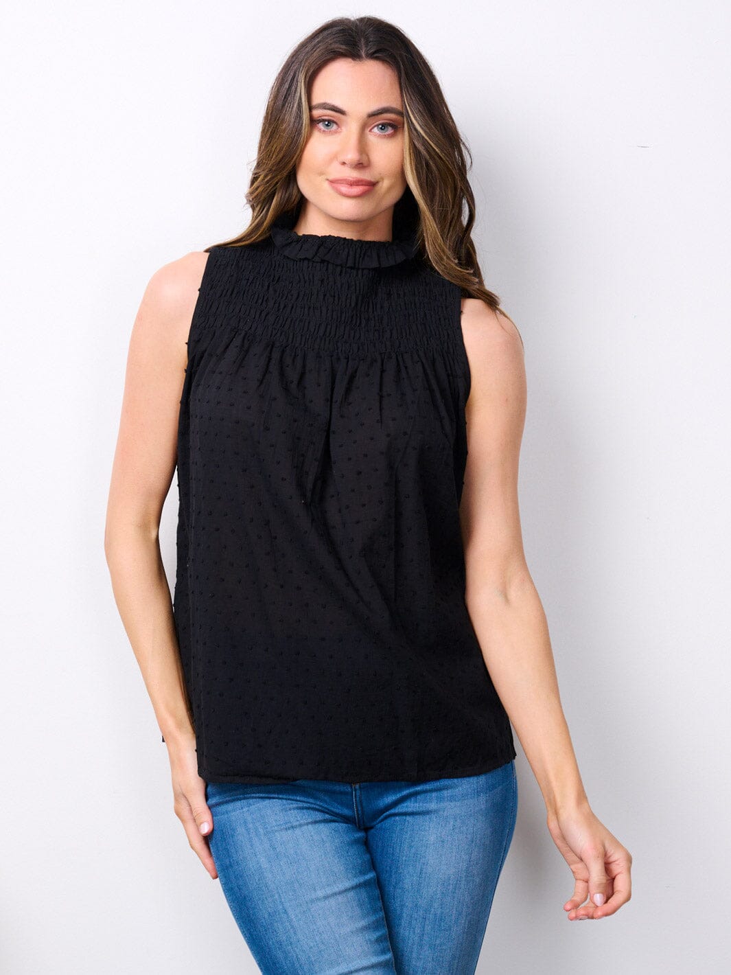 WOMEN'S SLEEVELESS MOCK NECK SWISS DETAILED TANK TOP