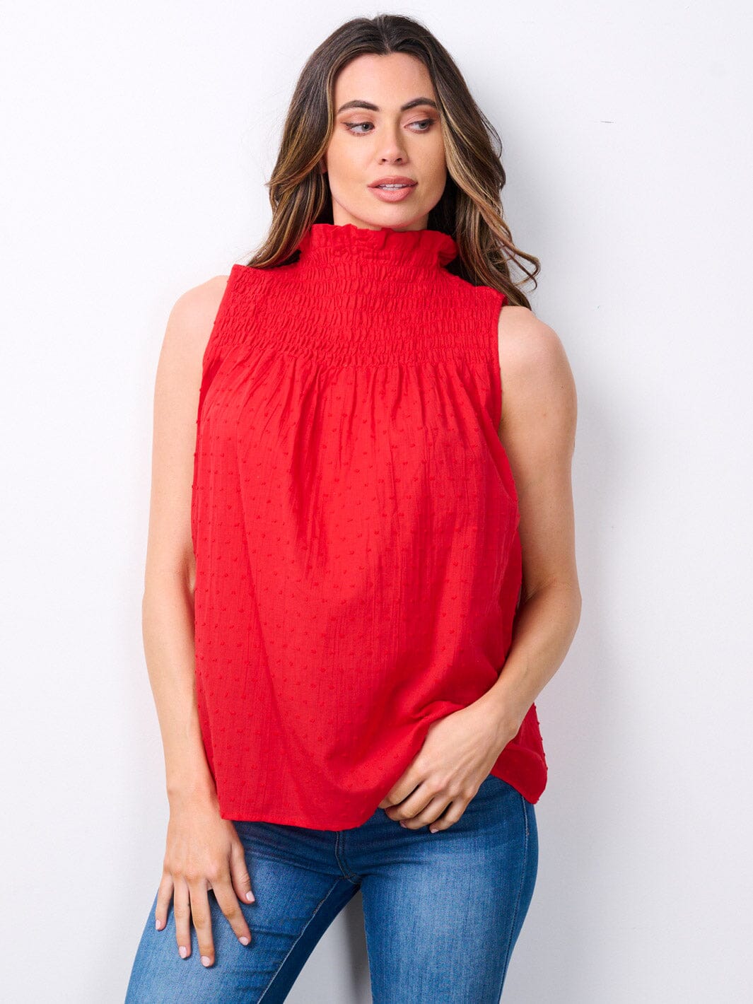 WOMEN'S SLEEVELESS MOCK NECK SWISS DETAILED TANK TOP