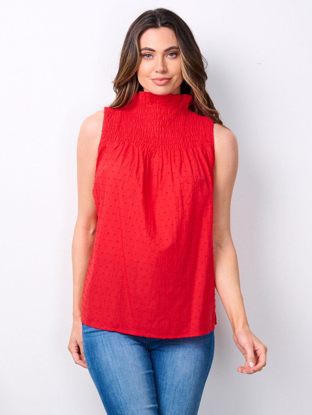 WOMEN'S SLEEVELESS MOCK NECK SWISS DETAILED TANK TOP