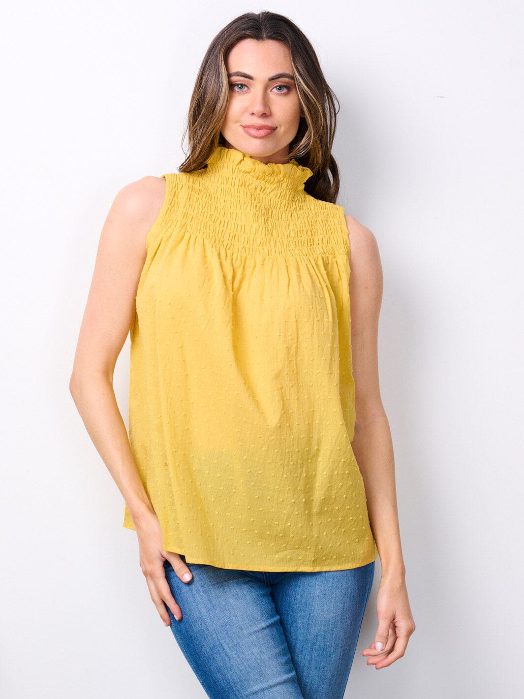 WOMEN'S SLEEVELESS MOCK NECK SWISS DETAILED TANK TOP