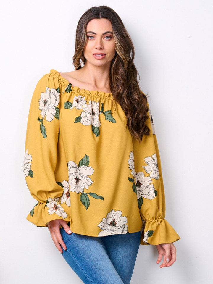 WOMEN'S LONG SLEEVE ELASTIC NECK FLORAL BLOUSE TOP