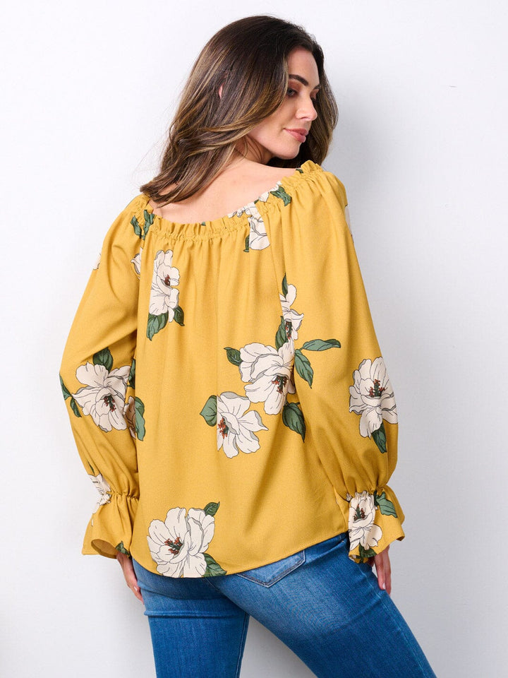 WOMEN'S LONG SLEEVE ELASTIC NECK FLORAL BLOUSE TOP