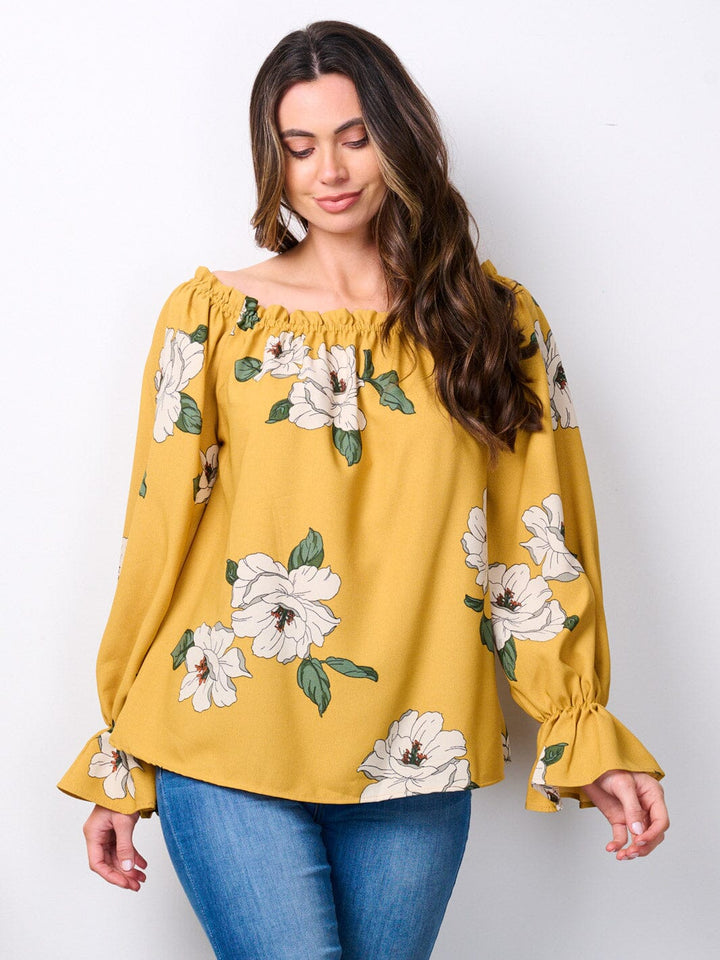 WOMEN'S LONG SLEEVE ELASTIC NECK FLORAL BLOUSE TOP