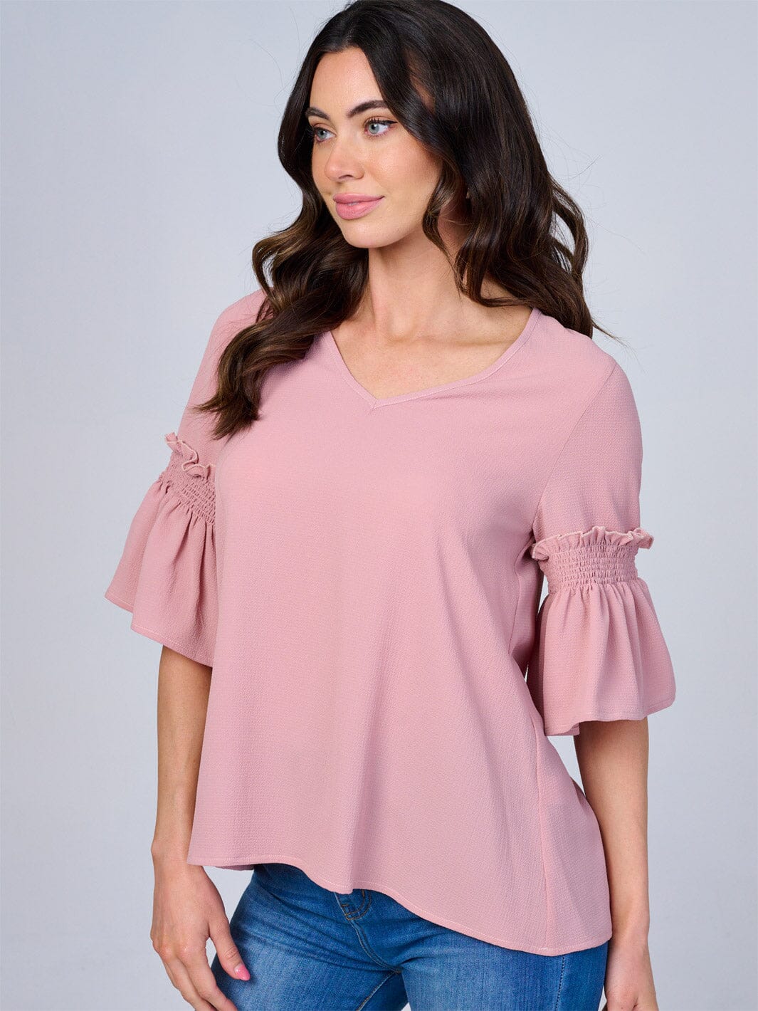 WOMEN'S SHORT RUFFLE SLEEVES V-NECK BLOUSE