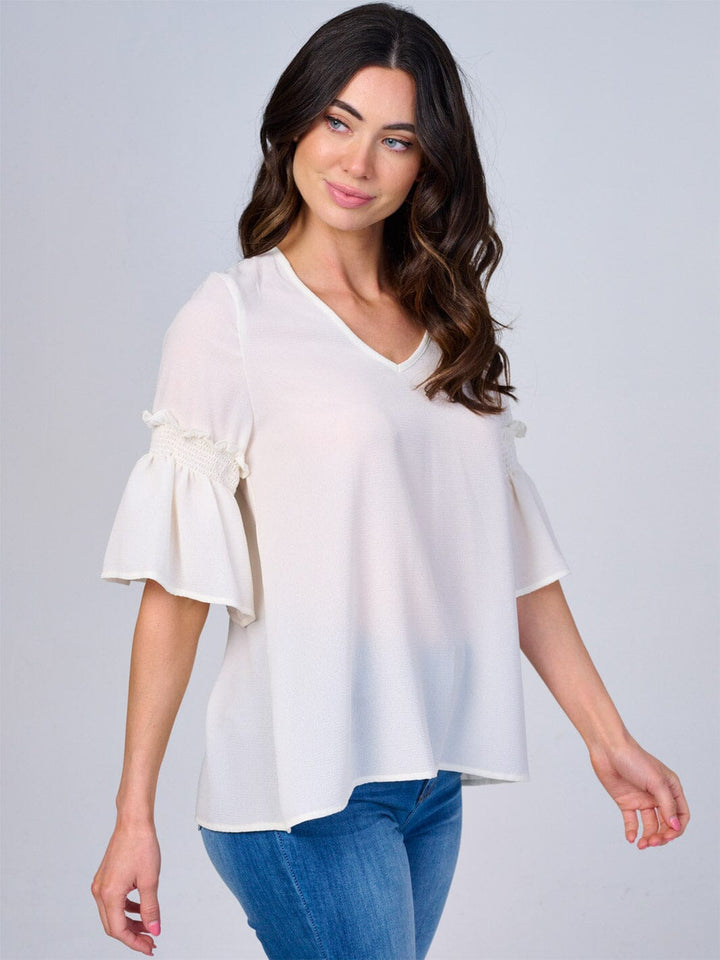 WOMEN'S SHORT RUFFLE SLEEVES V-NECK BLOUSE