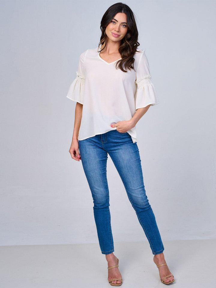 WOMEN'S SHORT RUFFLE SLEEVES V-NECK BLOUSE