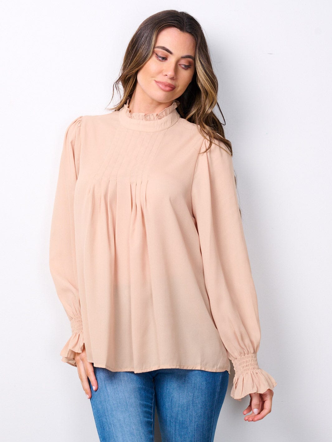 WOMEN'S LONG SLEEVE MOCK NECK FRONT DETAILED BLOUSE TOP