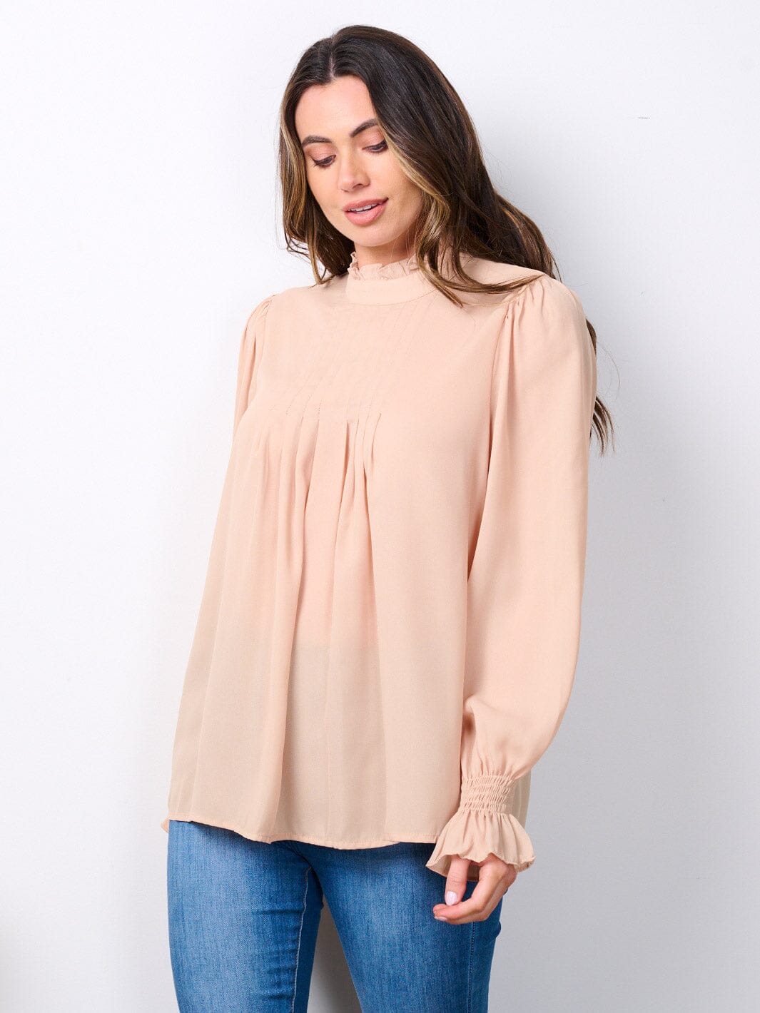 WOMEN'S LONG SLEEVE MOCK NECK FRONT DETAILED BLOUSE TOP