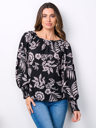WOMEN'S LONG SLEEVE SMOCK TUNIC FLORAL BLOUSE TOP