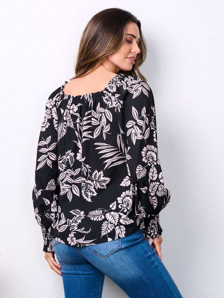 WOMEN'S LONG SLEEVE SMOCK TUNIC FLORAL BLOUSE TOP