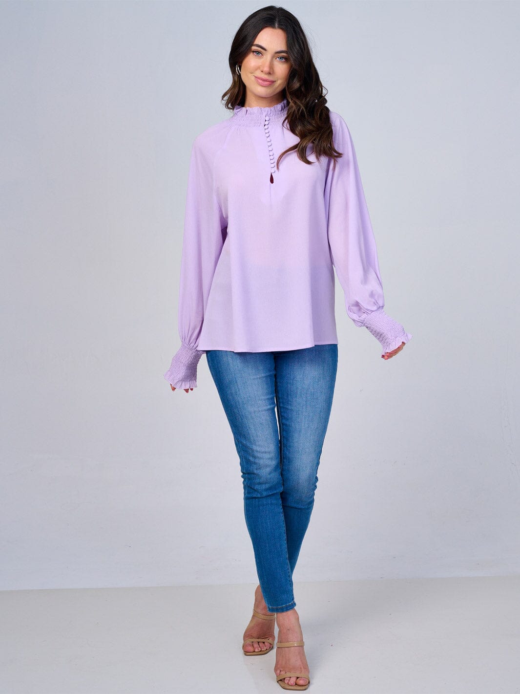 WOMEN'S LONG SLEEVES MOCK NECK BUTTON UP BLOUSE
