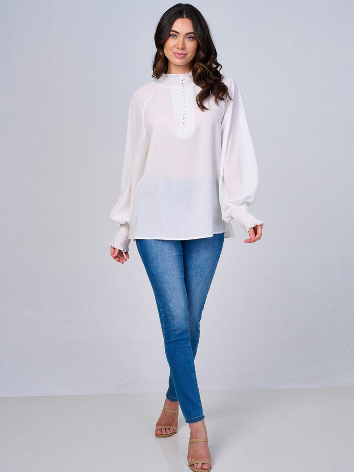 WOMEN'S LONG SLEEVES MOCK NECK BUTTON UP BLOUSE