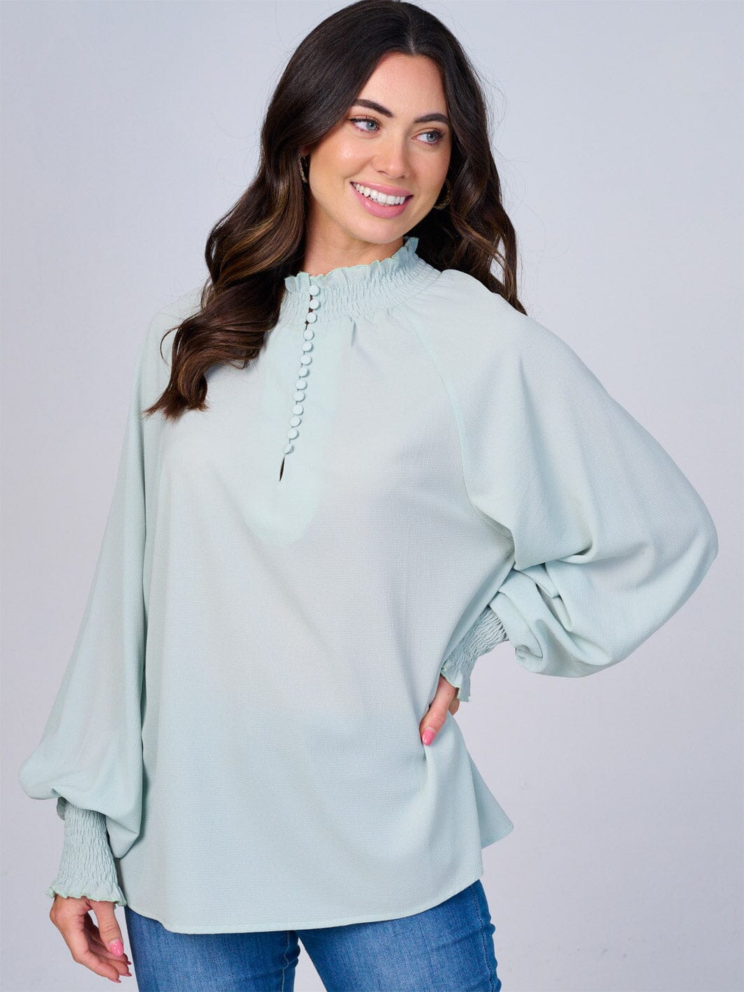 WOMEN'S LONG SLEEVES MOCK NECK BUTTON UP BLOUSE