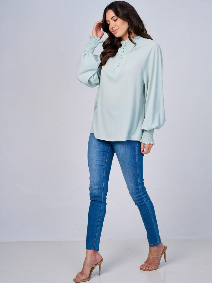 WOMEN'S LONG SLEEVES MOCK NECK BUTTON UP BLOUSE