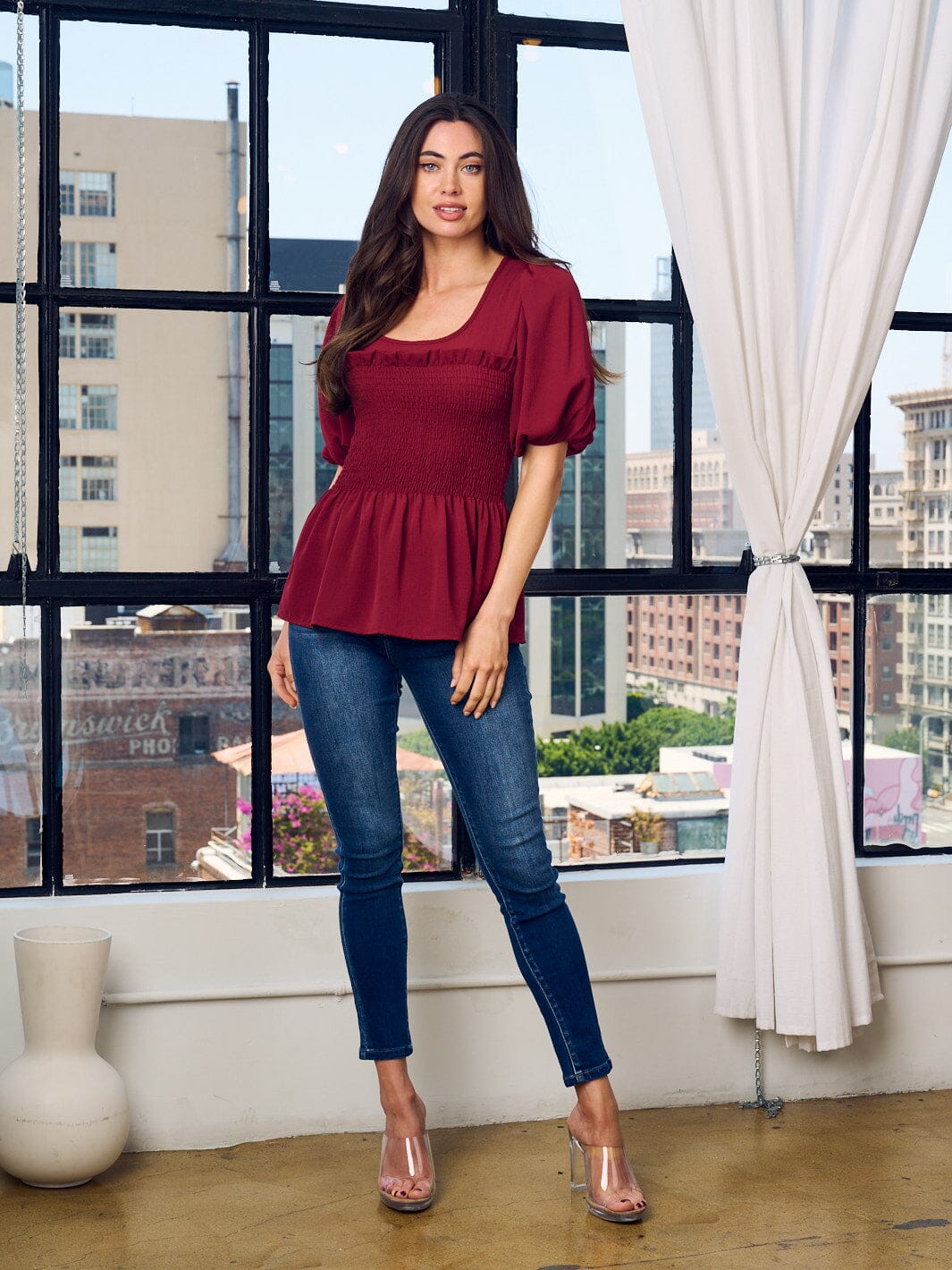 WOMEN'S SHORT PUFF SLEEVE SMOCK PEPLUM TUNIC TOP
