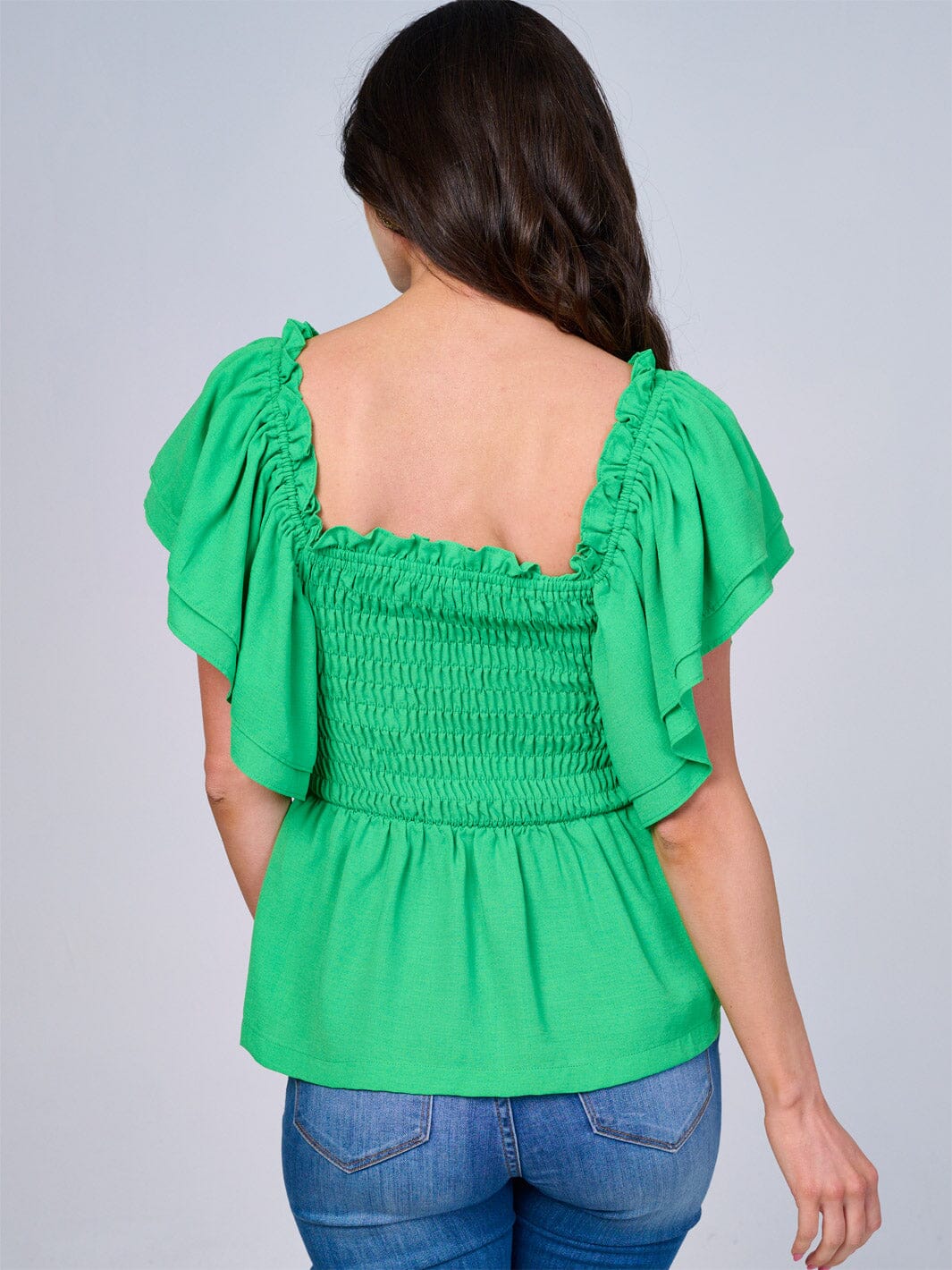 WOMEN'S SHORT RUFFLE SLEEVES SQUARE NECK SMOCK PEPLUM BLOUSE