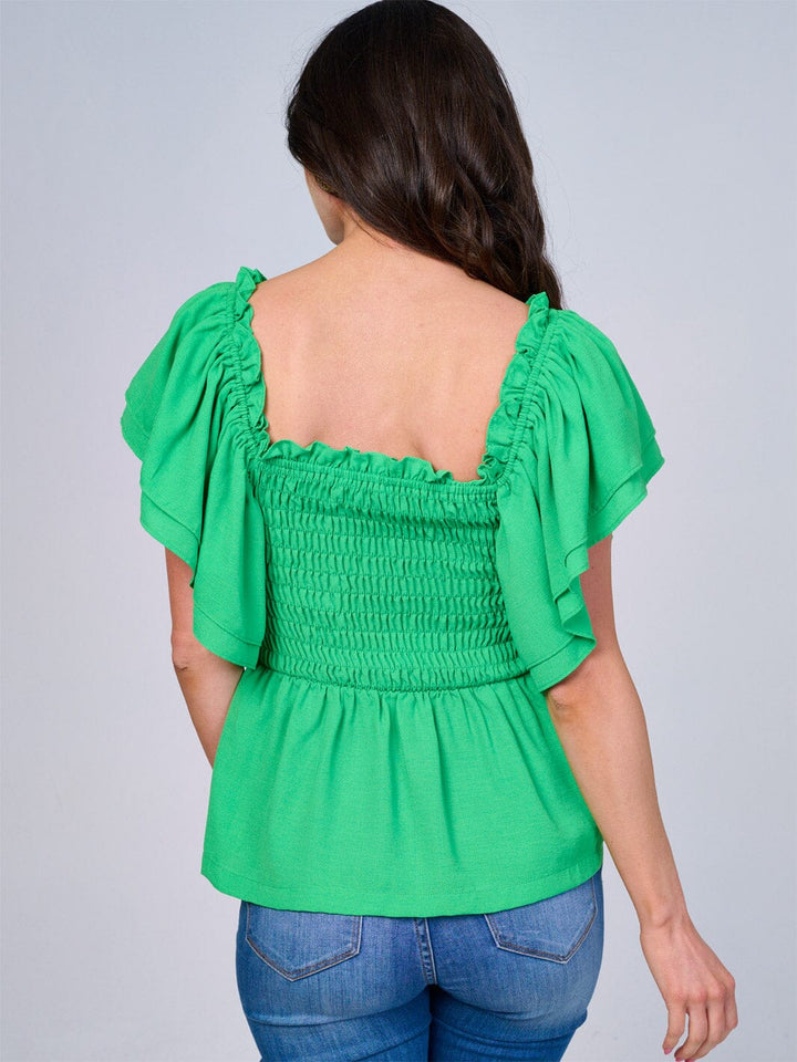 WOMEN'S SHORT RUFFLE SLEEVES SQUARE NECK SMOCK PEPLUM BLOUSE