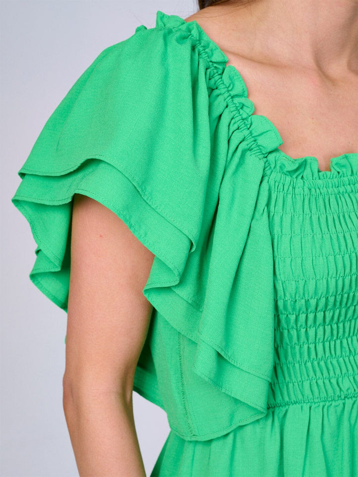 WOMEN'S SHORT RUFFLE SLEEVES SQUARE NECK SMOCK PEPLUM BLOUSE