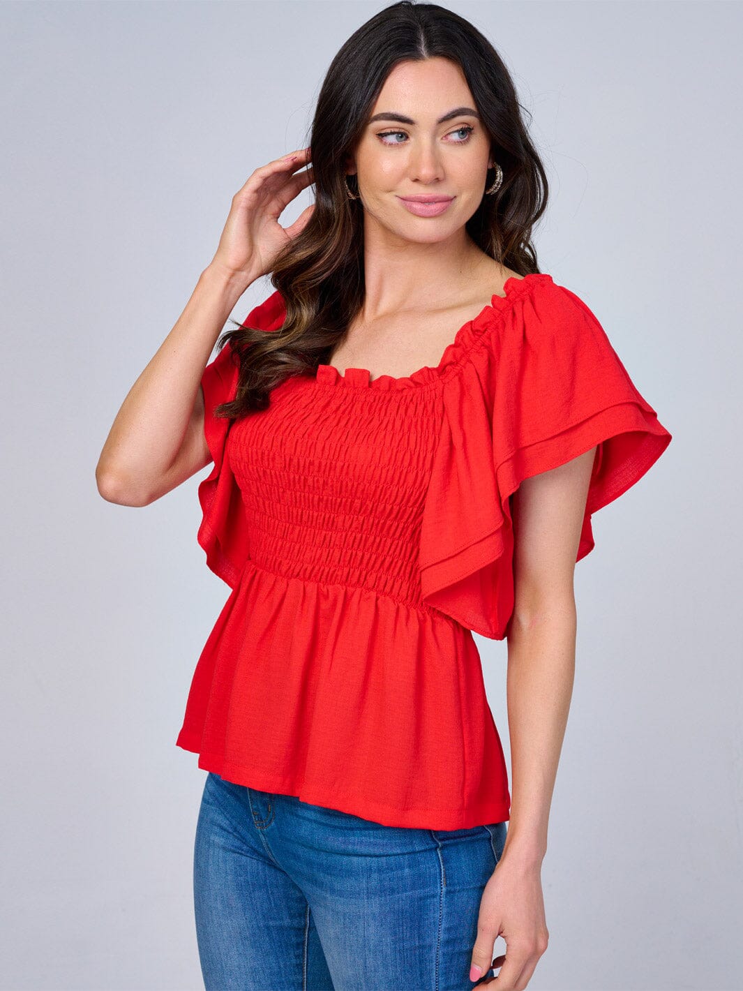 WOMEN'S SHORT RUFFLE SLEEVES SQUARE NECK SMOCK PEPLUM BLOUSE