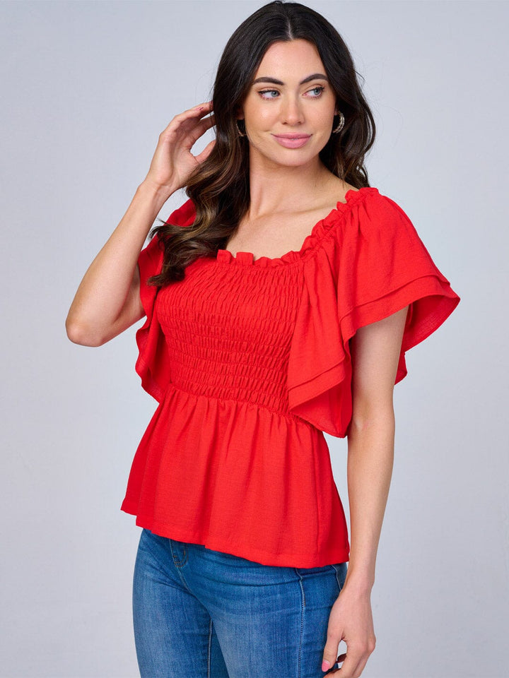 WOMEN'S SHORT RUFFLE SLEEVES SQUARE NECK SMOCK PEPLUM BLOUSE