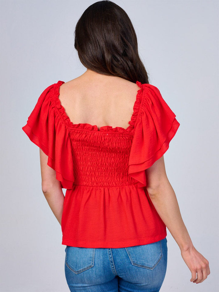 WOMEN'S SHORT RUFFLE SLEEVES SQUARE NECK SMOCK PEPLUM BLOUSE