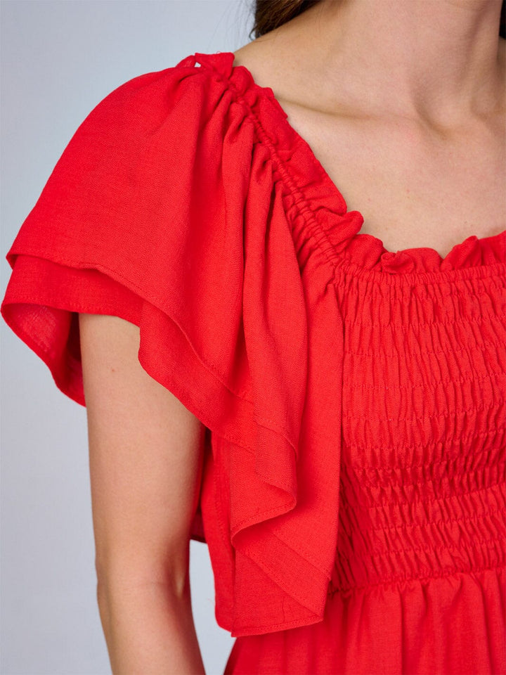WOMEN'S SHORT RUFFLE SLEEVES SQUARE NECK SMOCK PEPLUM BLOUSE