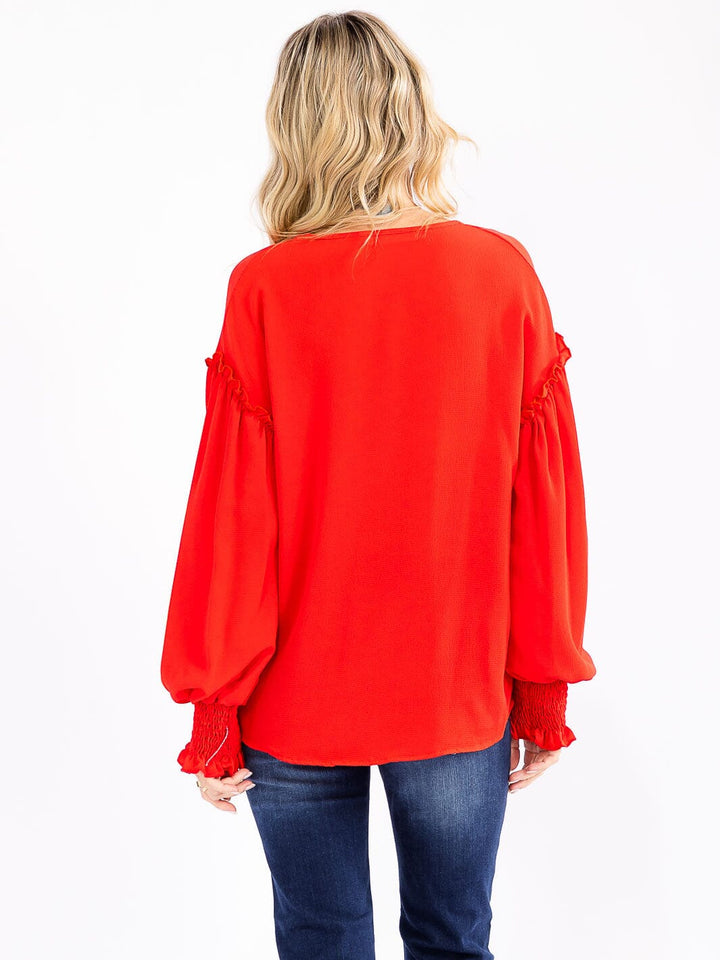 WOMEN'S LONG SLEEVE V-NECK TRIM DETAILED BLOUSE